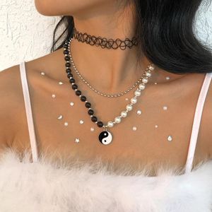 Collares pendientes Moda Negro Blanco Faux Pearl Chain Yin Yang Tai Chi Collar Para Mujeres Mujer Hombre Vintage Estilo Chino Joyería de Paz