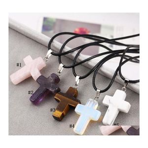 Pendentif Colliers Mode Christian Cross Collier pour femmes Guérison Cristal Quartz Chakra Pierre Naturelle Crucifix Cuir String Rop Otana