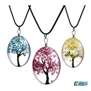 Pendentif Colliers De Mode Fleur Séchée Spécimen Ovale En Verre Cabochon Arbre De Vie En Cuir Cire Corde Chaînes Pour Femmes Diy Bijoux Cadeau Dhset