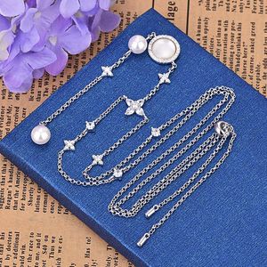 Pendentif Colliers Mode Perle Boutonnière Cristal Zircon Fleur Charmes Chandail Chaîne Collier Nacre Longue Pour FemmesPendentif