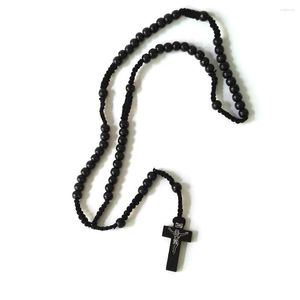 Pendentif Colliers Mode Style rétro Hommes Femmes Catholique Christ Chapelet en bois Perle Croix Collier de corde tissée