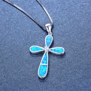 Pendentif colliers mode blanc bleu opale de feu collier Boho femme grande croix Vintage couleur argent fiançailles pour les femmes