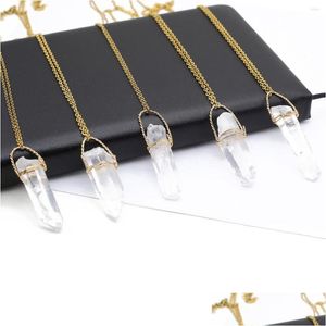 Pendentif Colliers Pour Femmes Bijoux Artisanat Collier En Pierre De Quartz Clair Naturel Lien Doré 55 5Cm Corde Chaînes Cristaux Charmes Goutte D Dh0Dm