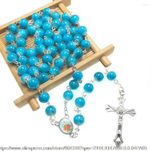 Collares pendientes Gratis Azul y rosa oscuro Cuentas de vidrio de 8 mm Collar de rosario religioso Virgen María Católica