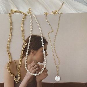 Collares pendientes Antialergia francesa Perla de agua dulce irregular Chapado en oro Cadena de eslabones gruesos en capas para mujeres Collar de damas