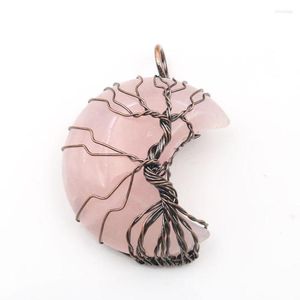 Collares pendientes FYJS Unique Antique Copper Wire Wrap Crescent Moon Rose Pink Cuarzo Amatistas Piedra Joyería