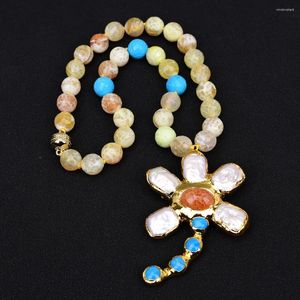 Colliers pendants g-g 18 '' Fire jaune Agate Blue Turquoise Stone Collier Culturé blanc Keshi Pearl Flower Lady Jewelry Gift