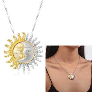 Collares pendientes Oro Astilla Dos tonos Sólido Pulido Reversible Sol y Luna Para Mujeres Hombres Niñas Niños Hija