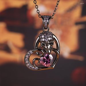 Pendentif Colliers Gothique Noir Coeur Crâne Collier Pour Femmes Filles Exquis Cristal Violet Zircon Clavicule Halloween Bijoux