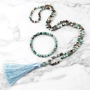 Collares colgantes Ágatas verdes 108 Mala Beads Collar Moda Pulseras con cuentas de piedra natural Conjunto anudado hecho a mano Borla Joyería de yoga