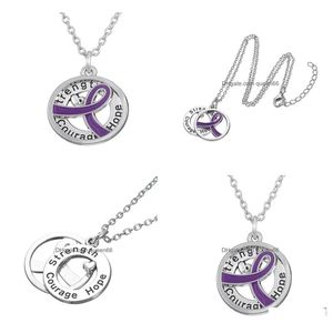 Collares colgantes Gx055 Conciencia del cáncer Purper Ribbon Sier Plateado Fuerza Esperanza Coraje Letras de amor Collar colgante redondo hueco Fo DH8FS