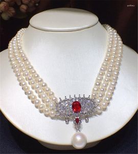 Collares colgantes Hídoo bonito 3 hilos naturales 6-7 mm Collar de perlas de agua dulce cultivada joya de circón cúbico de rubí rojo