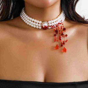 Colliers pendants Halloween Harajuku Red Crystal Bead Choker Gothic Imitation Multimered Imitation Pearl Clavicle Collier Womens Cosplay Party Jewelrtj7l