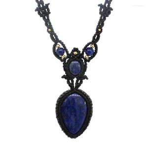 Pendentif Colliers À La Main Lasurite Corde Enveloppée Goutte D'eau Naturelle Lapis Lazuli Pierre Tressée Macramé Chaîne Collier Femmes Hommes Bijoux