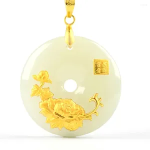 Collares colgantes Hetian Jade Botón de seguridad Ping An Kou Collar Amantes Amuleto de la suerte 24K Joyería de oro al por mayor Chino fino