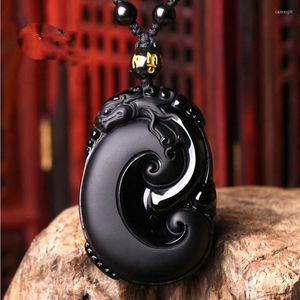 Pendentif Colliers Haute Qualité Naturel Obsidienne Pierre Collier Sculpté À La Main Chine Ruyi Bon Chanceux Pour Hommes Femmes Bijoux