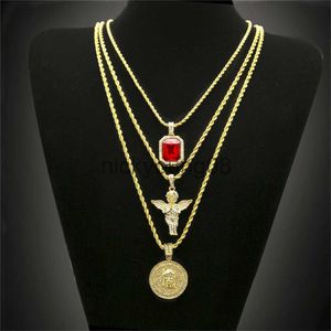 Collares pendientes Hip Hop Collar chapado en oro Iced Out Rhinestone Crystal Jewelry Set con Angel Jesus Colgantes Collares Cadena Venta caliente x0711