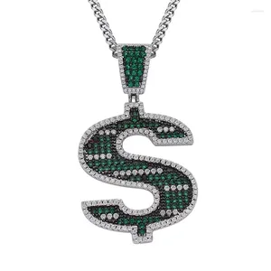 Pendentif Colliers Hip Hop Vert CZ Pierre Pavé Bling Glacé US Dollar Signe D'argent Pendentifs Collier Pour Hommes Rappeur Bijoux