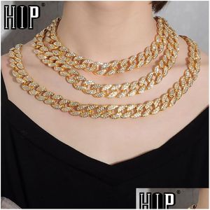 Collares pendientes Hip Hop Miami Curb Iced Out Cuban Chain Necklace 15Mm Gold Paved Rhinestones Cz Bling Rapper para hombres, mujeres Dhgarden Dhy3C