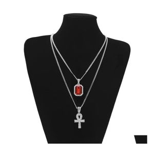 Collares colgantes helado hacia fuera egipcio Ankh clave de la vida collar conjunto bling cruz mini piedra preciosa cadena de oro sier para hombre joyería de hip hop OTXDV