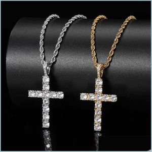 Collares colgantes Iced Out Zircon Cross Colgantes con collares de cadena de tenis de 4 mm Set Mens Hip Hop Joyería Gold Sier Cz Colgante Neckla DHSKM