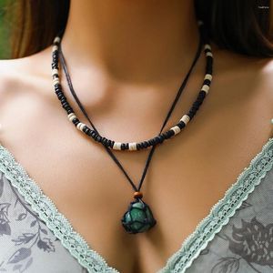 Colliers pendants ingesight.z Bohemian Crystal Natural Crystal Original Mesh Pocket Collier Set Femmes Retro Wood Bouded Adjudable Cou