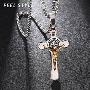 Collares colgantes INRI Jesús Cruz Colgantes Acero inoxidable Exorcismo St Benedict Crucifijo Collar para hombres Jewelry251h