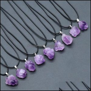 Irregar naturel améthyste pierre brute pendentif violet Druzy Druze charmes noir corde chaîne collier pour W Dhseller2010 Dhkfh