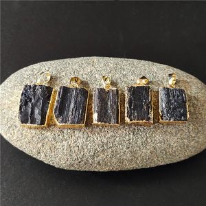 Pendentif Colliers Tourmaline noire naturelle irrégulière avec bord rempli d'or véritable bijoux en pierre de cristal de guérison pour les femmes PD198Pendant