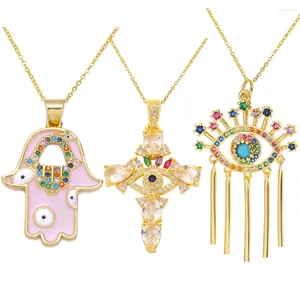 Pendentif Colliers Juya 18K véritable plaqué or artisanat arc-en-ciel Zircon émail Fatima Hamsa main croix turc grec mauvais œil femmes collier