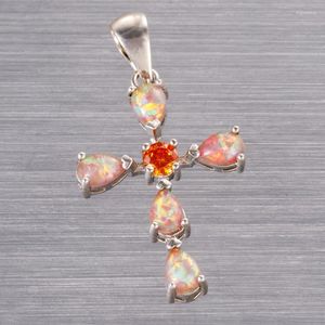 Collares pendientes KONGMOON Cruz naranja rojo CZ mexicano marrón fuego ópalo plateado joyería para mujer collar