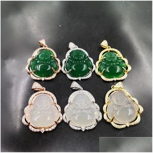 Collares pendientes Riendo Buda Jade Collar 925 Sier Plateado Con incrustaciones de piedras preciosas Joyas Hielo Calcedonia Ágata Maitreya Colgante femenino Dhcgv