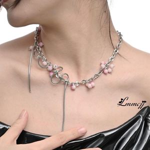 Collares pendientes Lmmcjj Gradient Pink Pearl Necklace Punk Little Peach Winding Design Gargantilla de cadena de clavícula para mujer Joyería de moda INS Y