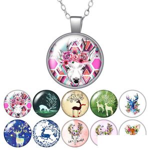 Pendentif Colliers Belle Elk Peintures Artistiques Collier Rond De Noël 25Mm Verre Cabochon Sier Couleur Bijoux Femmes Cadeau D'anniversaire 50 Dhsgf