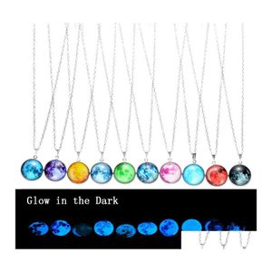 Collares pendientes Luminous Galaxy Universe Neba Glow In The Dark Cabochon Glass Star Moon Sier Chain Para Mujeres Hombres Joyería de moda D Otkav