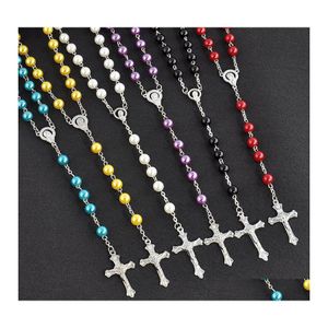 Collares colgantes de lujo imitación perla larga mticolor cuentas falsas cadena cruz cristiana collar para mujeres damas joyería de moda gota de dhx2d