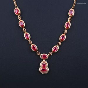 Collares pendientes de lujo chapado en oro rosa gemas rojas cristal nupcial collar cóctel fiesta Bling Shine mujeres joyería regalos