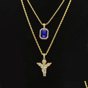 Collares colgantes para hombre Hip Hop Conjuntos de joyería Mini Square Ruby Sapphire Fl Crystal Diamond Angel Wings Cadena de oro para hombre Hiphop Drop D Dhbc7