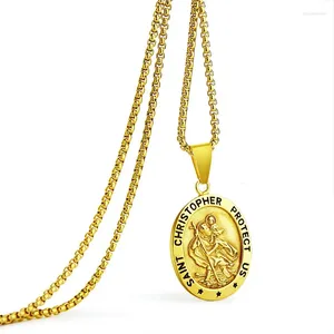 Collares colgantes Collar de San Cristóbal para hombre Acero inoxidable Chapado en oro Patrono católico St Medalla Joyería Medallón de viajero