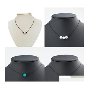 Collares pendientes Perlas minimalistas Gargantilla Collar Cuerda de cuero hecha a mano negra Azul turquesa Para mujeres Imitación perla natural Diy Otxkn