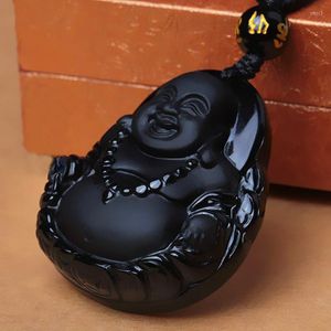 Pendentif Colliers Naturel Noir Obsidienne Bouddha Pot-ventre Maitreya Rire Perle Collier Hommes Femmes Jades Bijoux