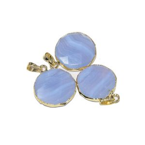 Collares pendientes Piedra de calcedonia azul natural Ronda 2023 Para collar Fabricación de joyas Chakra Ágatas Oro Encanto curativo Estilo pequeño Colgante