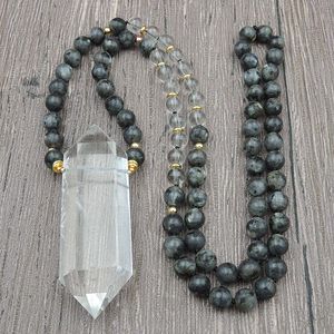 Pendentif Colliers Cristal Naturel Quartz Point 8mm Noir Labradorite Perles Rondes Noeud Fait Main 30 Pouces Et 40 PoucesPendentif