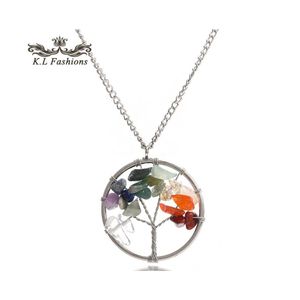 Pendentif Colliers Pierre naturelle arbre de vie collier Vintage Sier plumes tortues éléphants pendentifs chaîne chandails pour femmes Chri Dhvqj