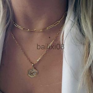 Pendentif Colliers Nouvel Or Double Couche Initiale Collier 14K Plaqué Or Trombone Chaîne Collier Simple Mignon Hex Pendentif Clavicule Chaîne Pour Les Femmes J230620