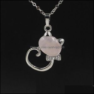 Collares colgantes Nuevo gato encantador Piedras redondas Turquesa Rosa Cuarzo Encantos Collar para mujeres Hombres Accesorios de regalo Drop D Carshop2006 Dhj8Z