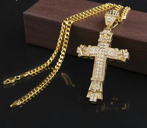 Nouveau rétro argent croix pendentif à breloque pleine glace sur CZ diamants simulés catholique Crucifix pendentif collier avec longue chaîne cubaine GB 1491