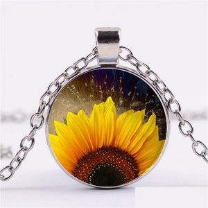 Collares pendientes Nuevo Collar de Cadena de Girasol Color Brillante Amarillo Sol Flor Arte Imagen Cúpula de Cristal Mujeres Lucky Joyería Regalo Gota Del Dhvf1