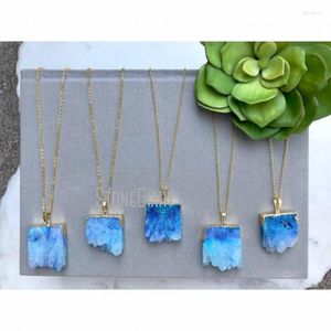 Pendentif Colliers NM36562 Bleu Pâle Druzy Chunk Collier Plaqué Or Ombre Agate Freeform Geode Rectangle Raw Boho