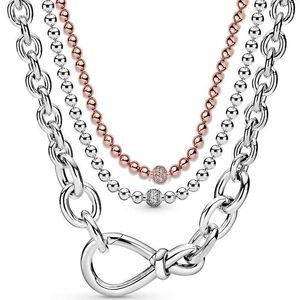 Pendentif Colliers Original Rose Perles Pave Cristal Coulissant Chunky Infinity Noeud 925 Collier En Argent Sterling Pour L'Europe Perle Charme DIY Bijoux G230202